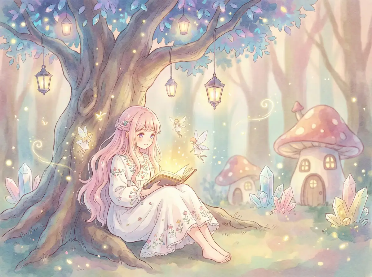 变态软件下载大全免费 - 魔法森林中阅读故事书的粉发少女与精灵